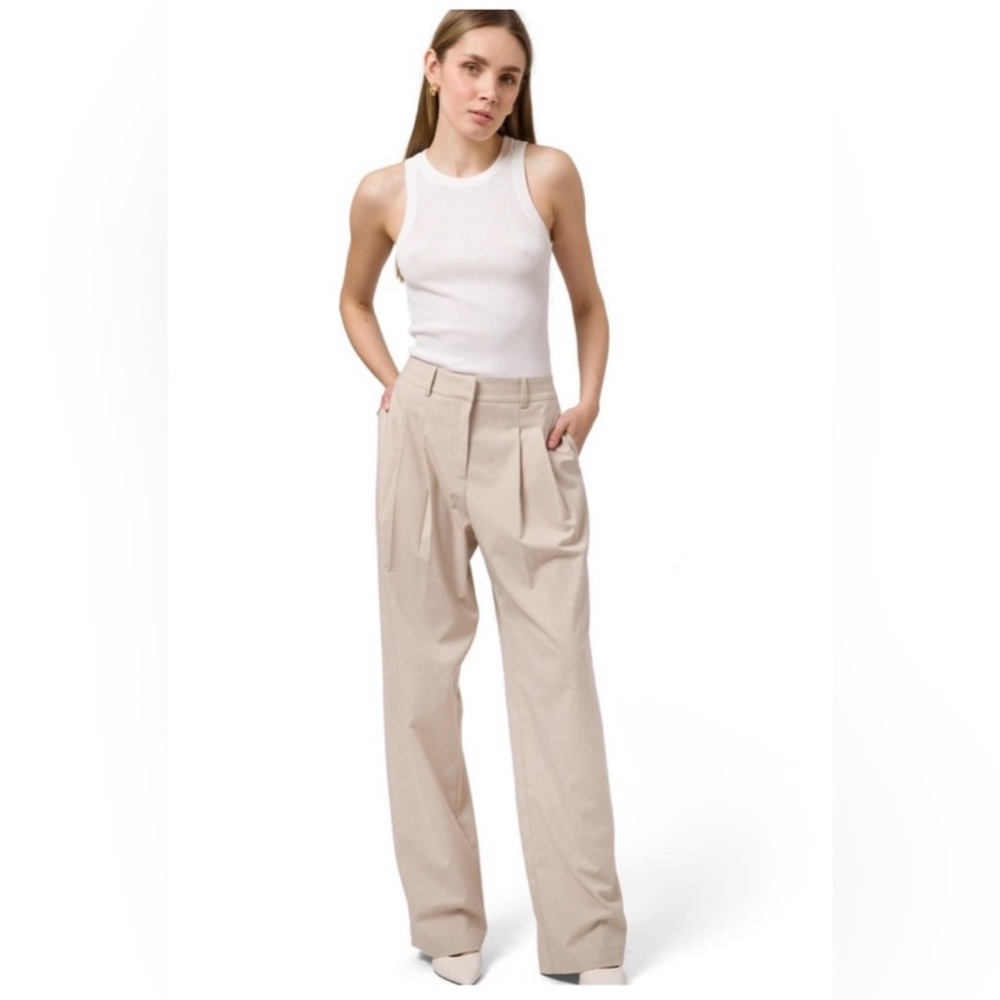 WAYF Pleated Plaid‎ Trouser Small Beige Pink Women’s High Rise Wide Leg